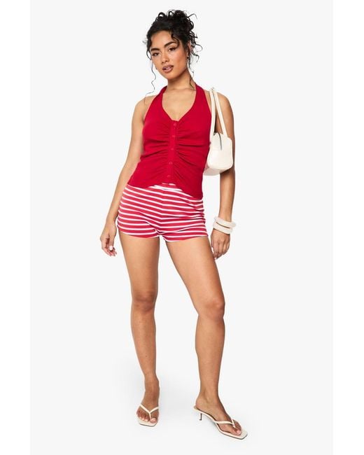Boohoo Red Rib Button Through Halterneck Top
