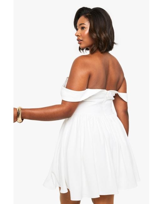 Boohoo White Plus Bardot Volume Mini Skater Dress