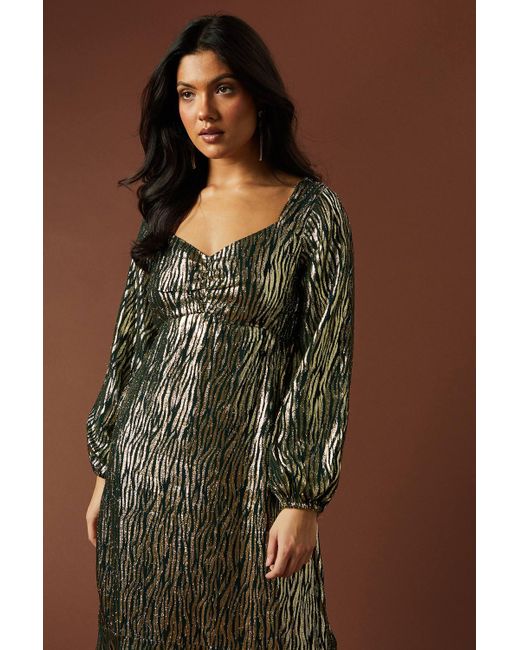 Oasis Brown Occasion Metallic Ruched Midi Dress