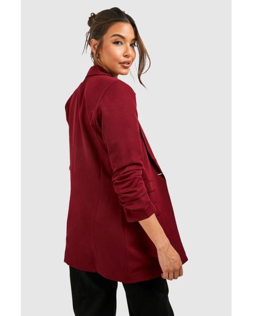 Boohoo Red Plunge Front Ruched Sleeve Longline Blazer