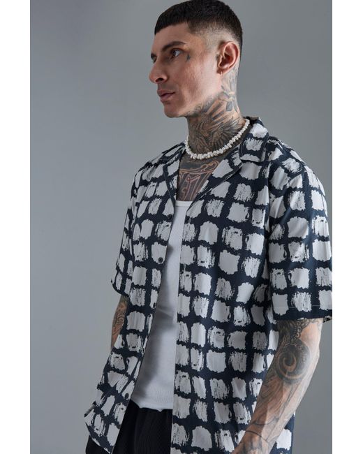 BoohooMAN Gray Tall Short Sleeve Drop Revere Abstract Poplin Print Shirt for men