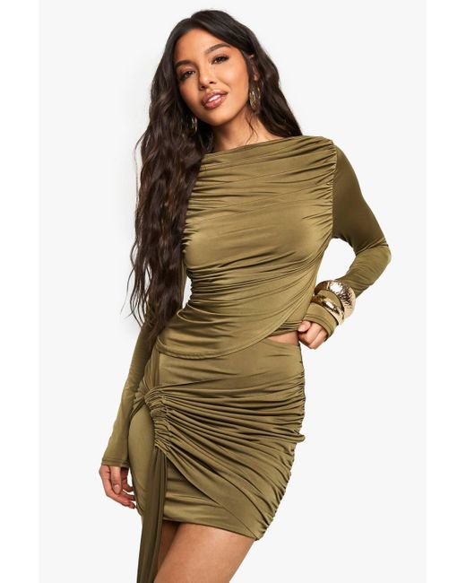 Boohoo Green Slinky Knot Front Drape Mini Skirt
