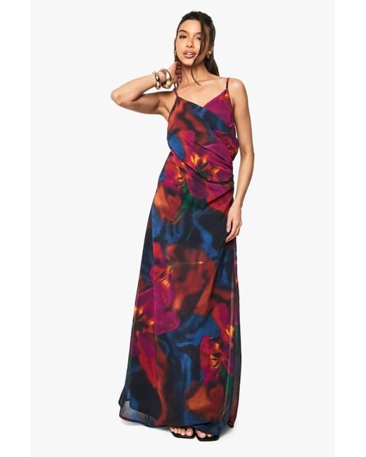 Boohoo Women's Red Floral Chiffon Ruched Side Maxi Dress
