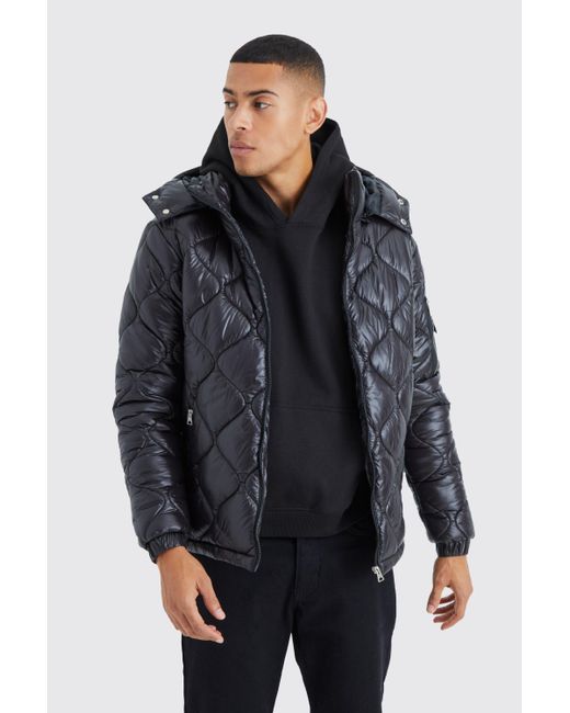 Boohoo Gray High Shine Onion Quilted Puffer With Hood