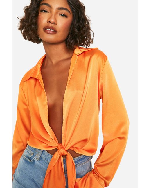 Boohoo Orange Tall Satin Tie Front Shirt