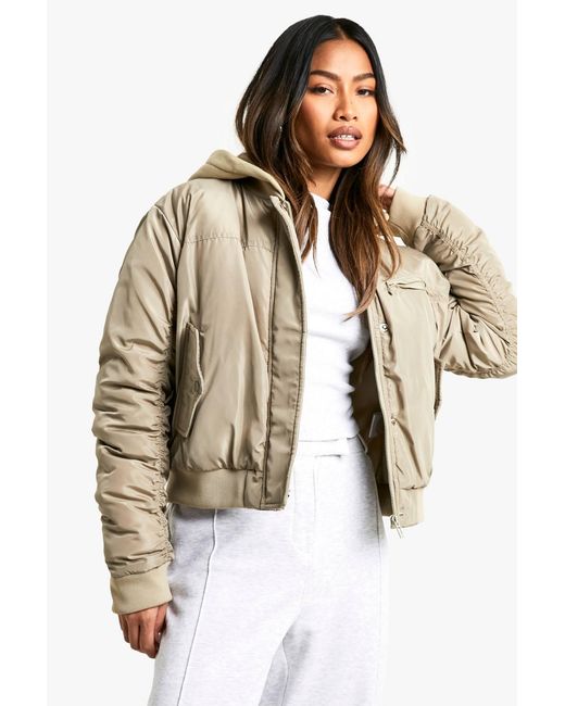 Boohoo Natural Hooded Bomber Jacket