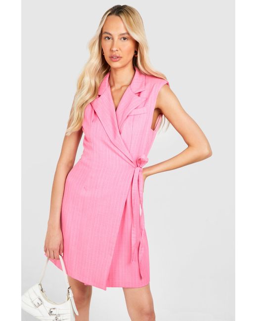 Boohoo Pink Tall Woven Pinstripe Sleeveless Blazer Dress