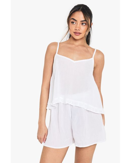 Boohoo White Bridal Textured Cheesecloth Ruffle Hem Cami And Short Set