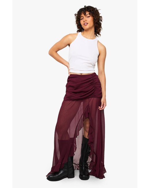 Chiffon Ruffle Split Leg Maxi Skirt Boohoo de color Red