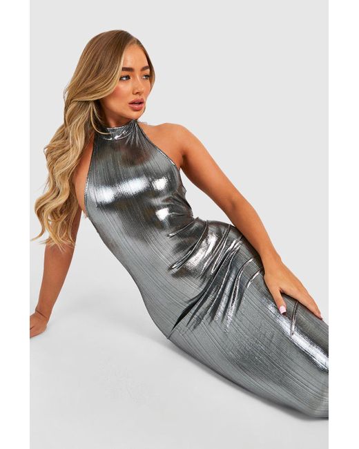 Boohoo Metallic Textured Foil Halter Maxi Dress