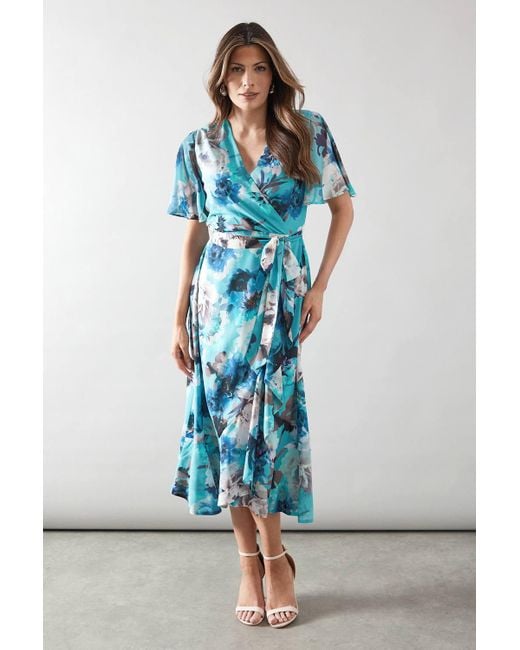 Wallis Blue Floral Ruffle Wrap Belted Midi Dress