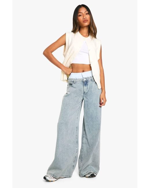 Boohoo Blue Contrast Waistband Boxer Detail Jean