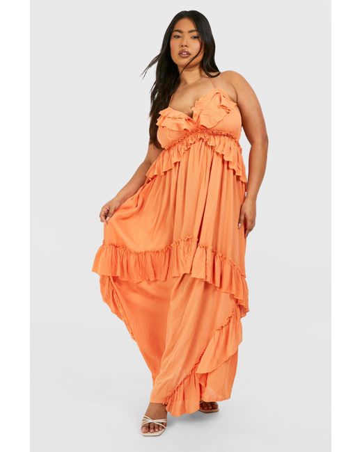 Boohoo Orange Plus Cheesecloth Ruffle Frill Detail Strappy Maxi Dress