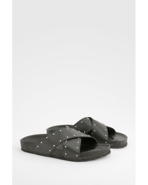 Boohoo Gray Wide Fit Cross Strap Studded Footbed Sliders