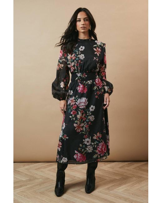 Oasis Black Floral Organza Shirred Waist Tie Back Midi Dress