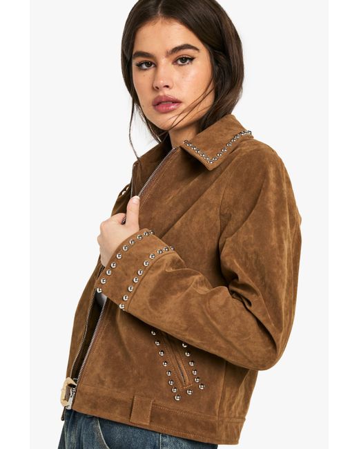 Boohoo Brown Suede Look Studded Jacket