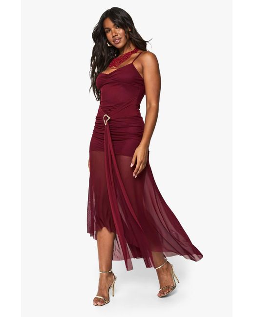 Boohoo Women's Red Ruched Mesh Drape Midaxi Dress