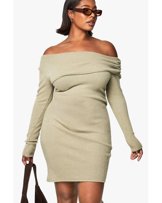 Boohoo Natural Plus Soft Rib Asymmetric Ruched Bodycon Dress