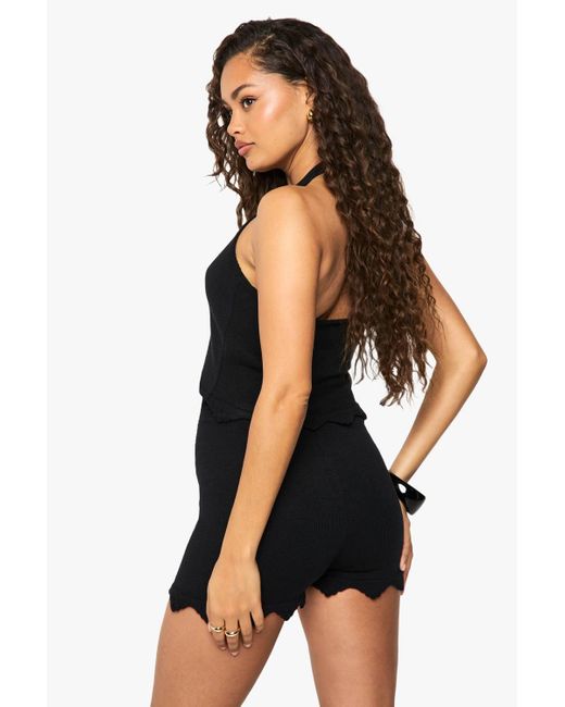 Boohoo Black Halter Neck Beach Knit Scallop Edge Top And Short