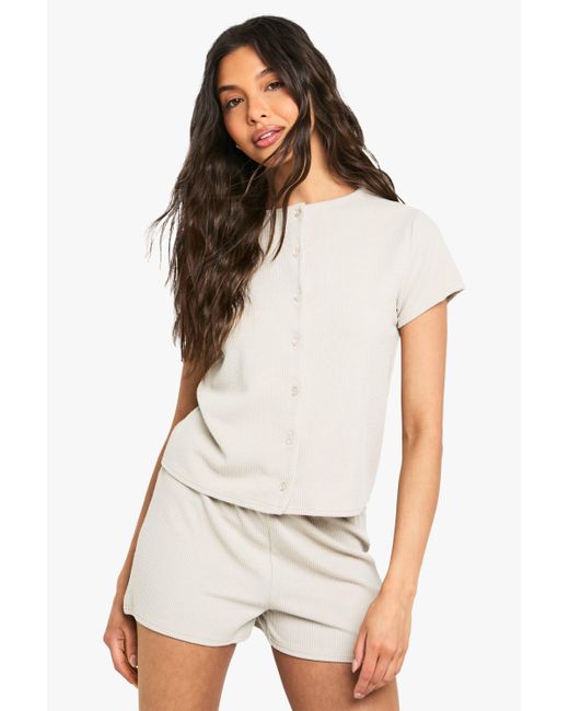 Boohoo White Rib Short Sleeve Button Through Top And Set