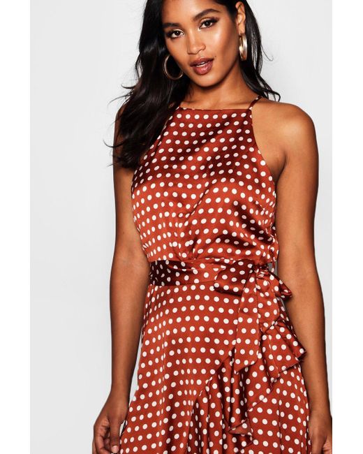 Satin polka dot frill detail midi dress Clearance