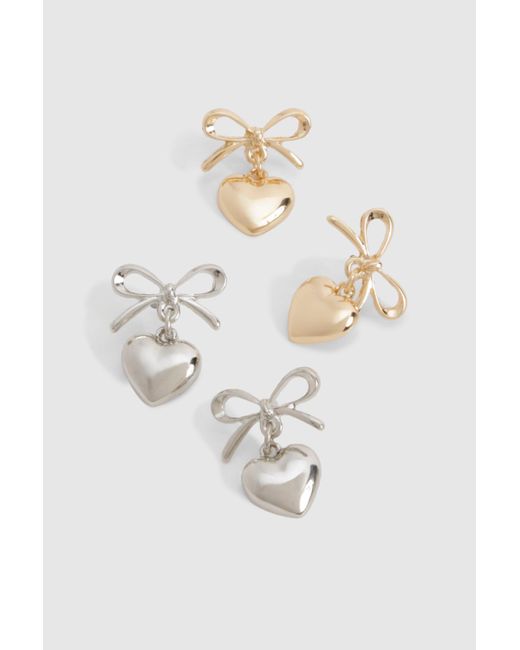 Boohoo White Bow & Heart Drop Earrings Multipack
