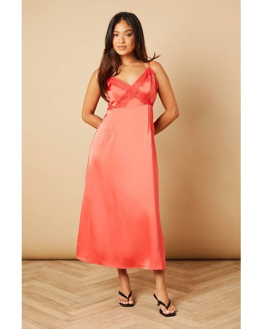 Oasis Orange Petite Strappy Satin Lace Insert Midi Dress
