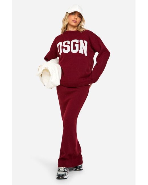 Boohoo Red Crew Neck Knitted Sweater And Maxi Skirt Set