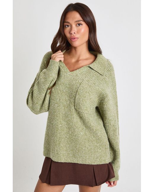 Super Soft Rib Knit Pocket Detail Oversized Jumper Boohoo de color Green