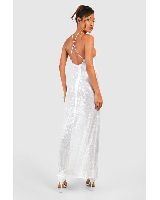 Boohoo White Sheer Sequin Strappy Low Back Maxi Dress