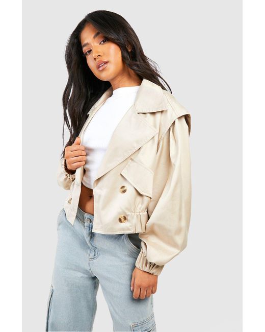 Boohoo White Petite Oversized Shoulder Detail Crop Trench