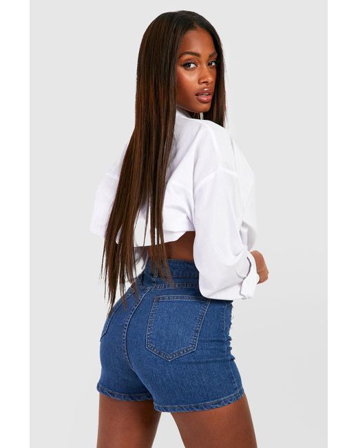 Boohoo High Waisted Ripped Disco Jean Shorts in Blue | Lyst