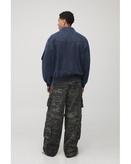 Regular Fit Washed Suede Collared Bomber Jacket Boohoo de color Blue