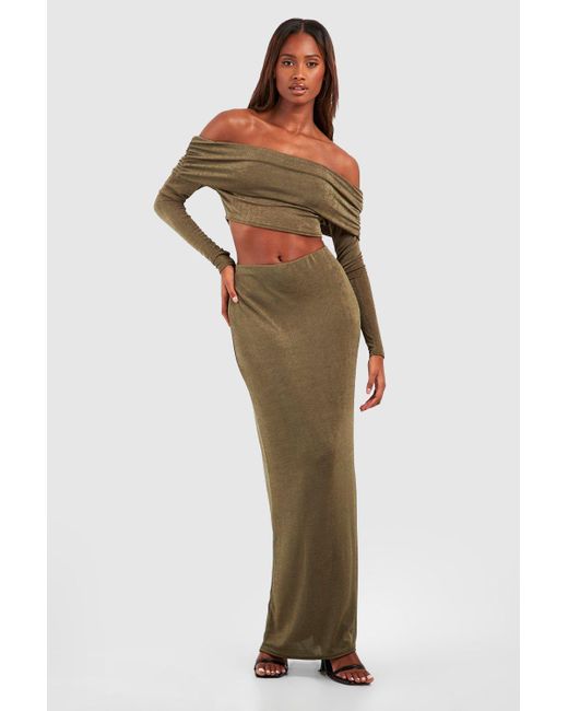 Boohoo Green Acetate Slinky Bardot Long Sleeve Top & Maxi Skirt