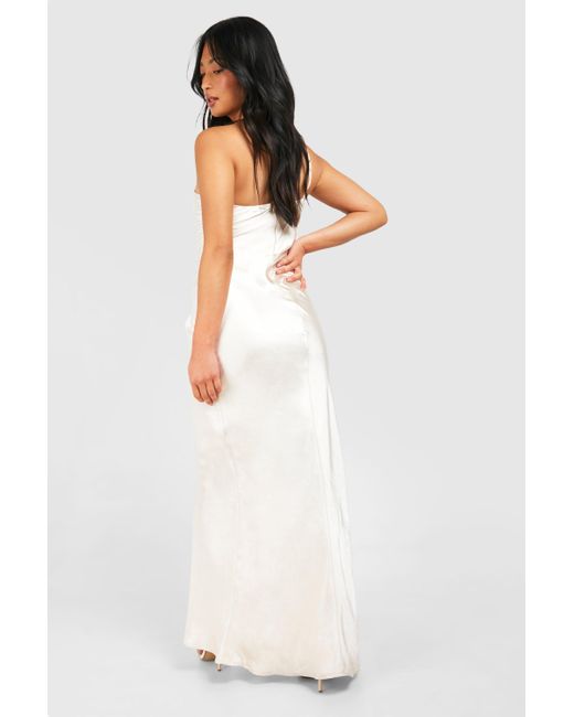 Boohoo White Petite Bridesmaid Satin Strappy Asymmetric Maxi Dress