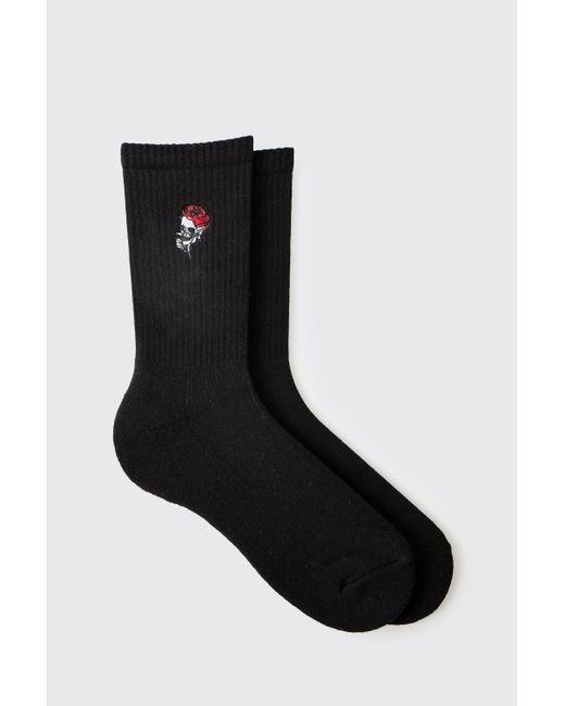 Calcetines De Felpa Con Bordado De Rosa Boohoo de color Black