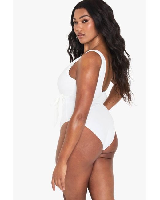 Boohoo White Plus Swimwear Essentials Tummy Control Wrap Swimsuit