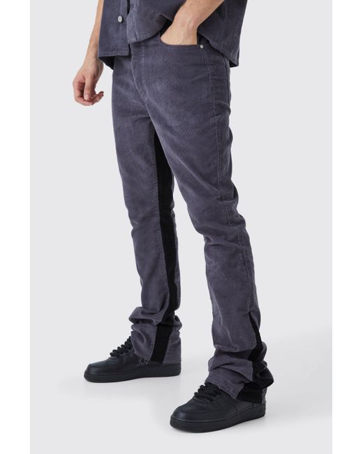 BoohooMAN Blue Tall Fixed Waist Slim Flare Gusset Cord Trouser for men