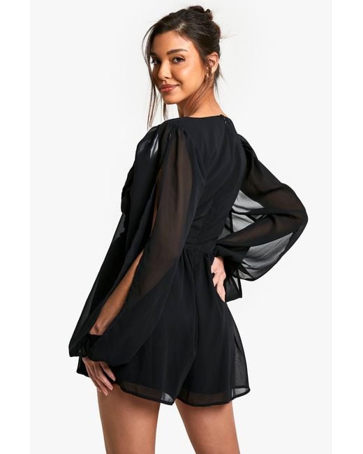 Boohoo Black Chiffon Wrap Split Sleeve Romper