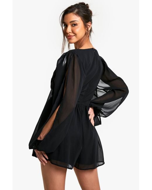 Boohoo Black Chiffon Wrap Split Sleeve Romper