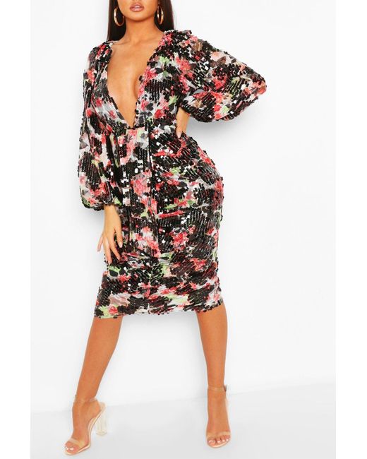Boohoo Occasion Sequin Puff Sleeve Midi Dress in Black - Lyst