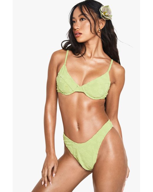 Boohoo Green Hibiscus Flower Embossed Underwired Bikini Top & High Leg Bikini Bottoms Set