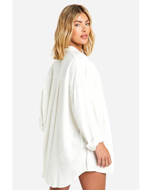 Boohoo White Linen Look Oversized Beach Shirt