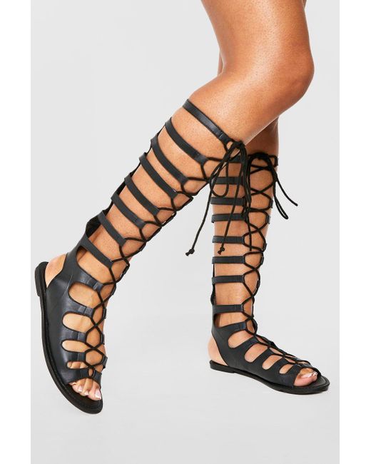 Boohoo Leather Knee High Gladiator Sandals in Black | Lyst