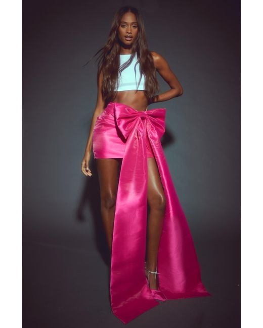 Boohoo Pink Premium Structured Bow Draped Satin Mini Skirt
