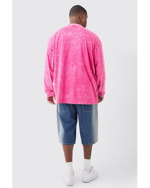 BoohooMAN Plus Oversized Extended Neck Acid Wash Long Sleeve T-shirt in Pink für Herren