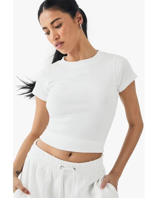 DSGN Studio White Square Script Embroidered Rib Fitted Top