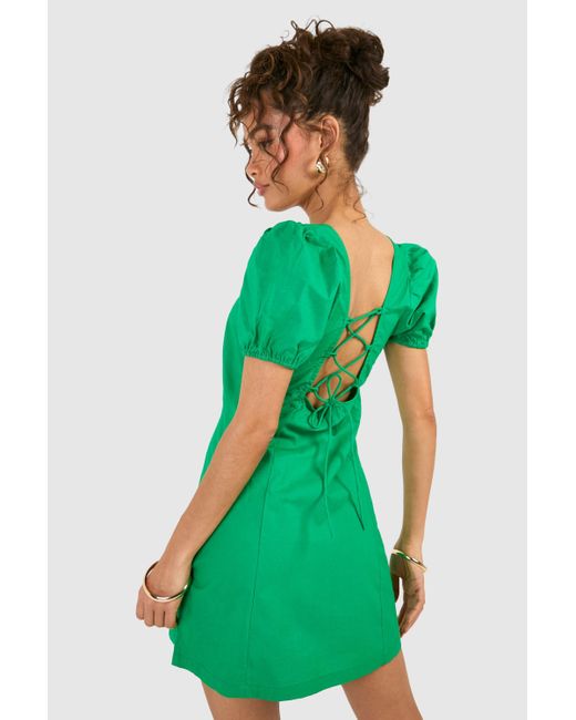 Boohoo Green Cotton Puff Sleeve Mini Dress