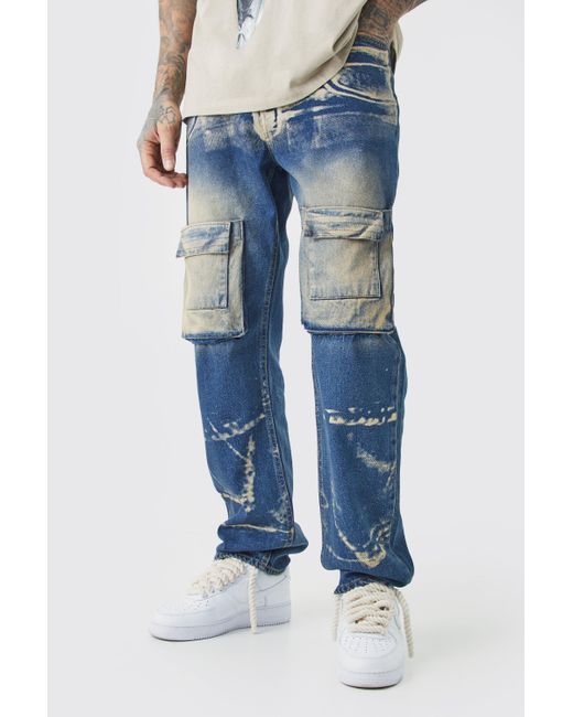 BoohooMAN Tall lockere Jeans mit Acid-Waschung und X-Ray Print in Blue für Herren