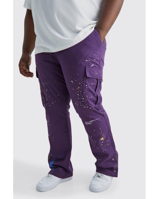 BoohooMAN Purple Plus Slim Flare Popper Hem Paint Splatter Cargo Trouser for men